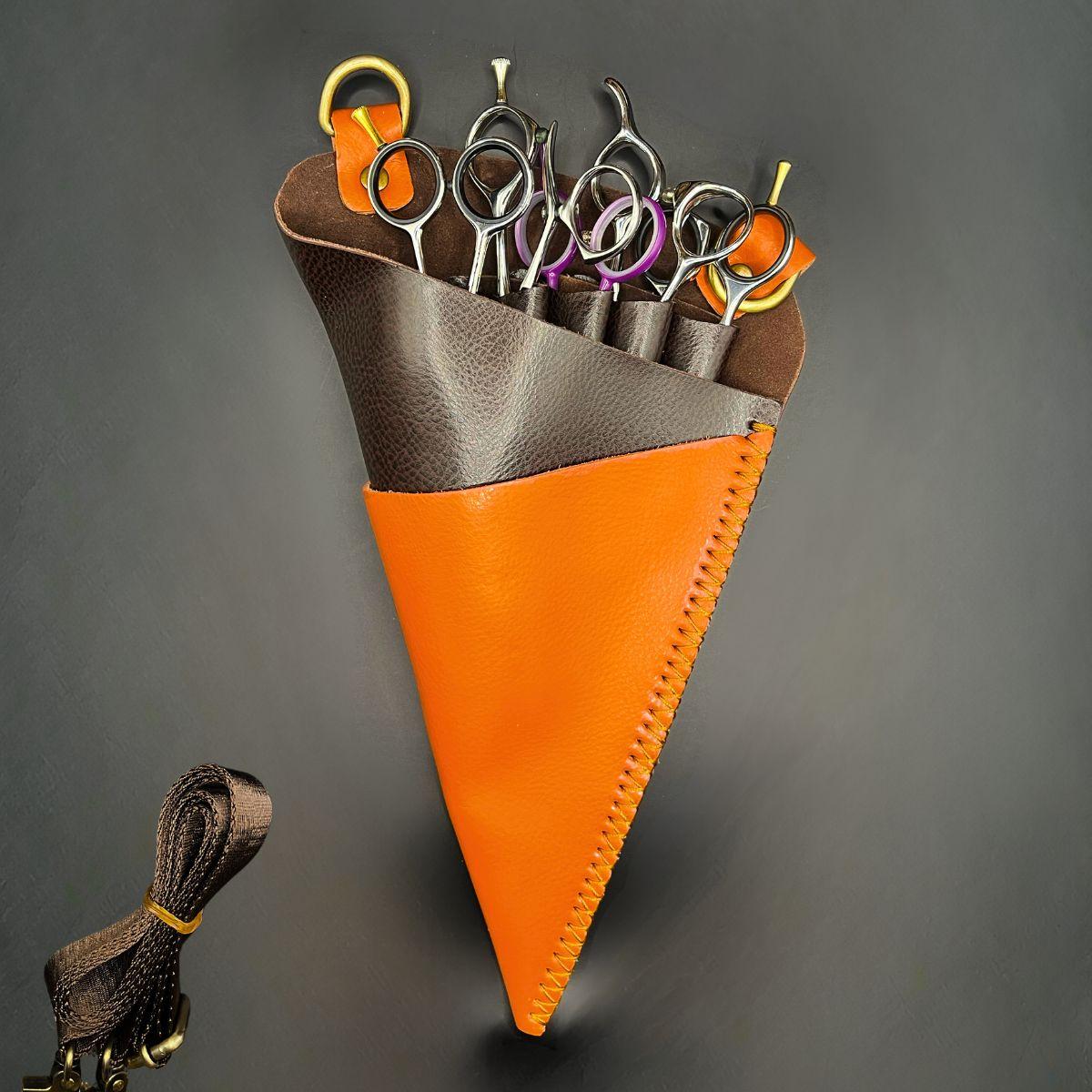 Premium Orange & Brown Leather Scissor Holster - 5 Pocket Professional Belt