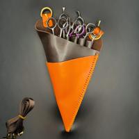 Premium Orange & Brown Leather Scissor Holster - 5 Pocket Professional Belt