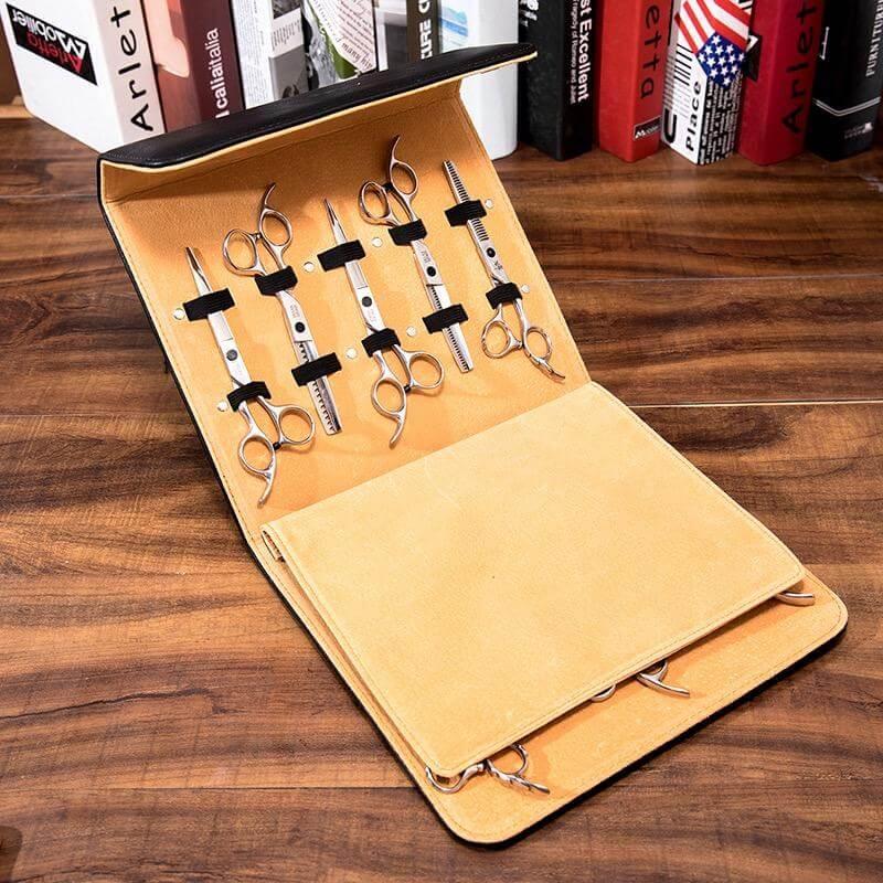 Ten-place leather scissor case with removable divider
