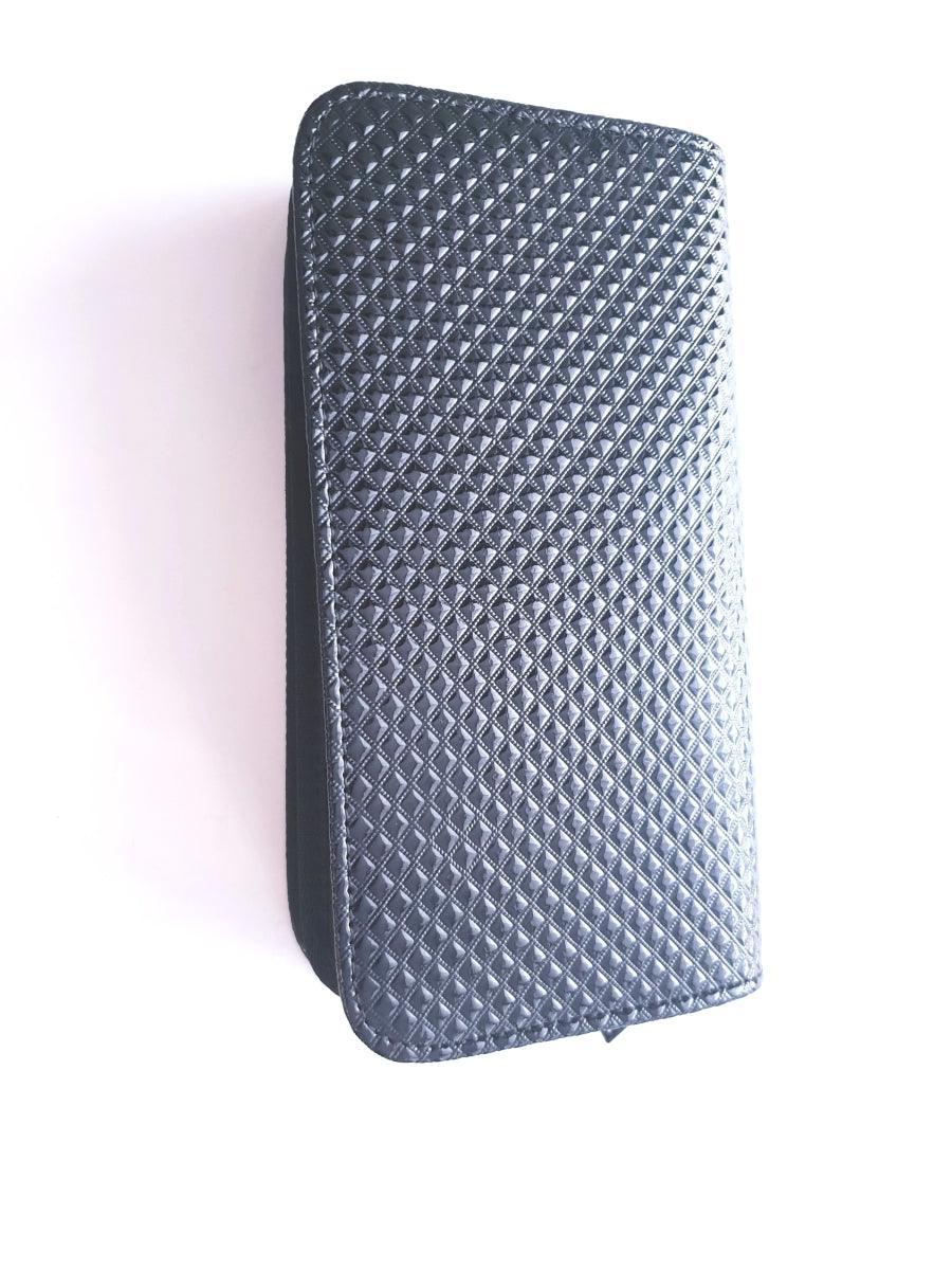 Black leather scissor pouch with four sleeves