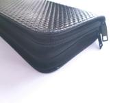 Black leather scissor pouch with four sleeves