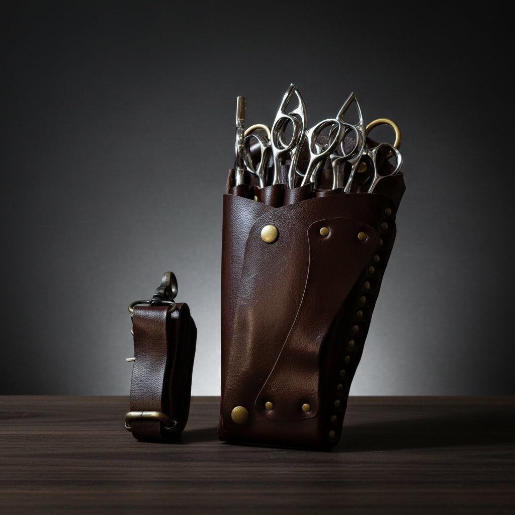 Elegant Brown Leather Holster: Protect 5 Hair Scissors