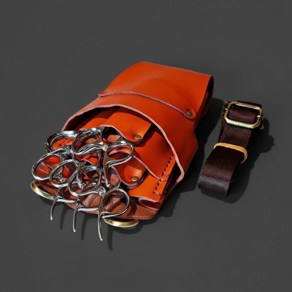 Orange leather holster with five scissor pockets