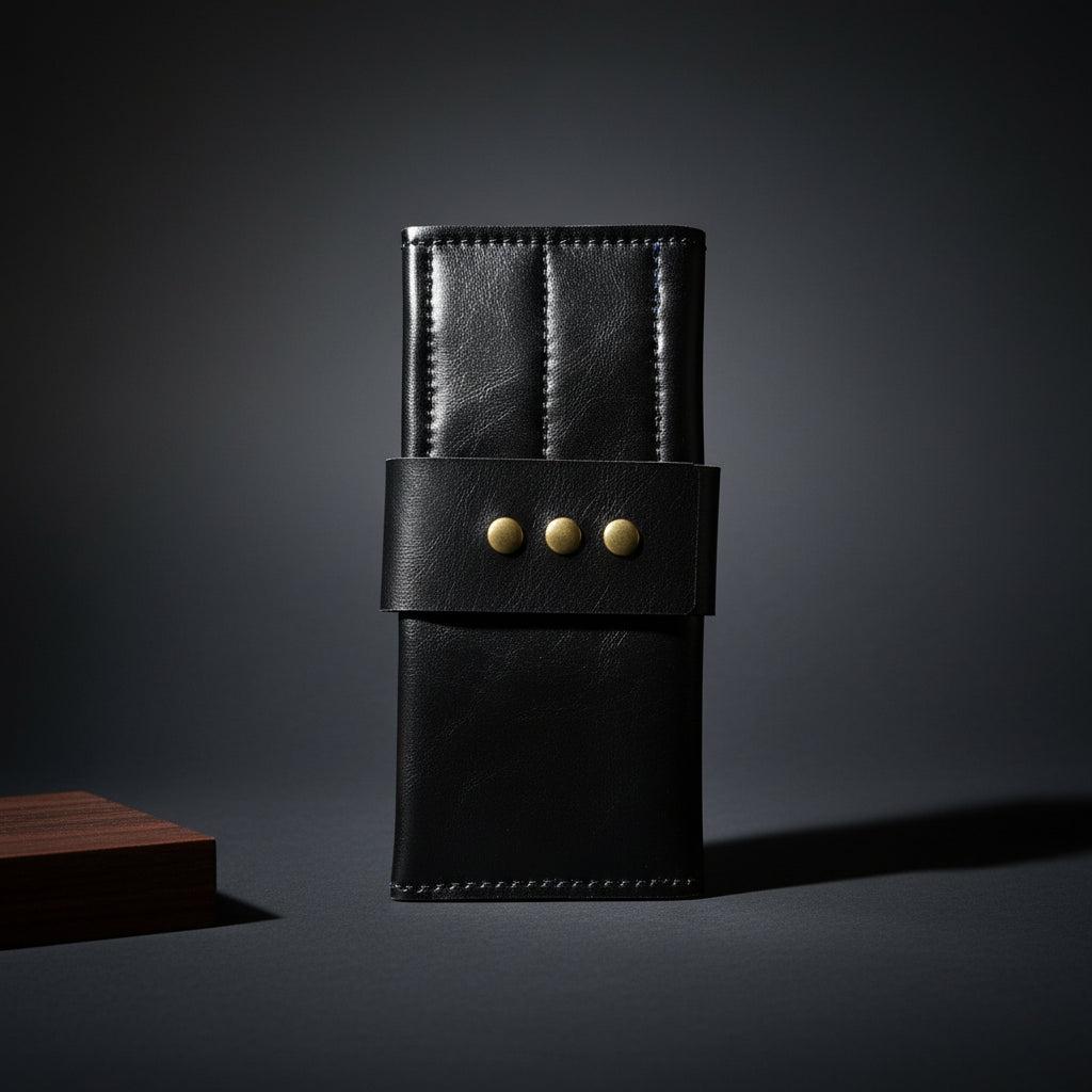 Black roll-up shear wallet with studded latch
