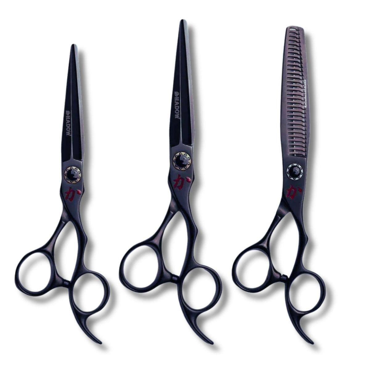 Kamisori Shadow Hair Cutting & Thinning MASTER Set — three shears in dark titanium finish