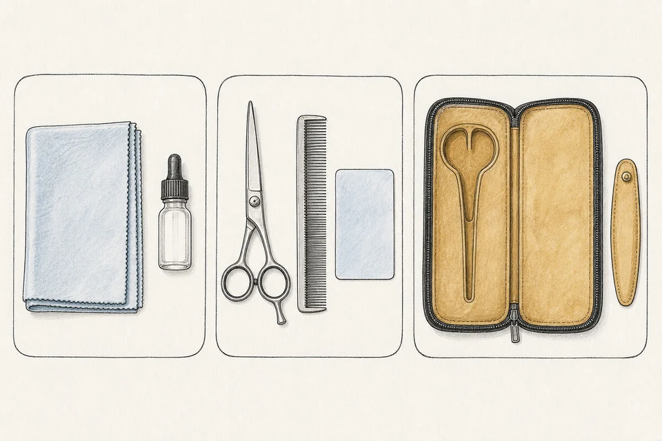 Three illustrated panels showing cloth and oil, a shear beside a comb, and a protective case.