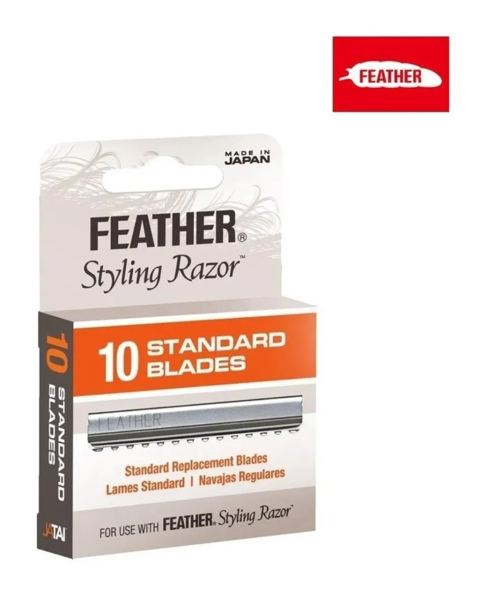 Complete Feather Standard Styling ten-blade pack with a guarded cartridge pictured below the label