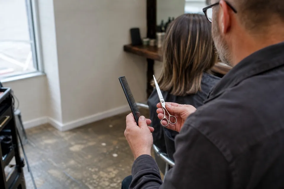 A stylist holding a comb and open cutting shear behind a seated client.