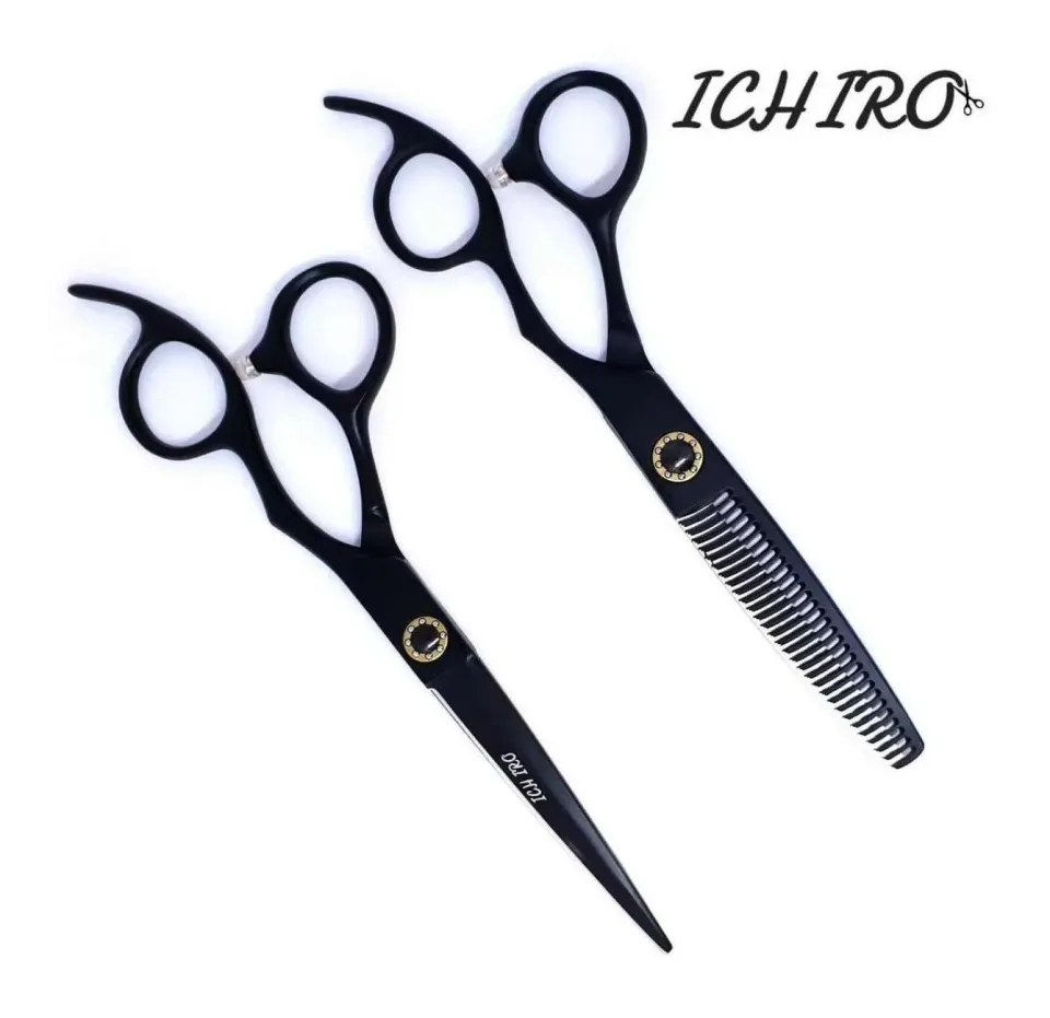 Complete closed Ichiro Matte Black family cutter and toothed thinner on a white background
