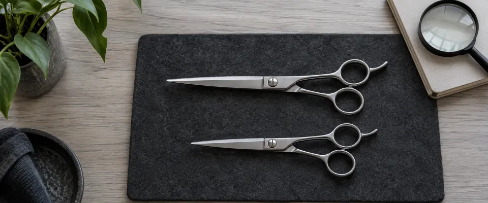 Two closed steel hair shears of different lengths laid side by side on a dark comparison mat.