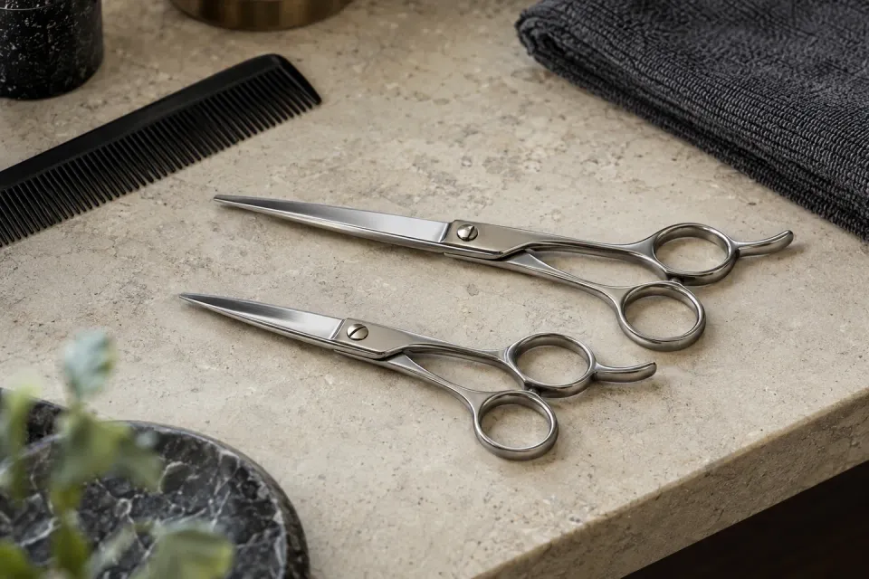 Two generic silver hair shears on a warm stone bench beside a comb and folded towel