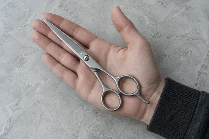 A closed hair shear resting across an open palm, showing the tool's scale against the hand.