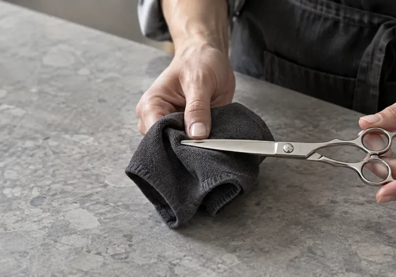Hands wiping a pair of professional shears with a cloth