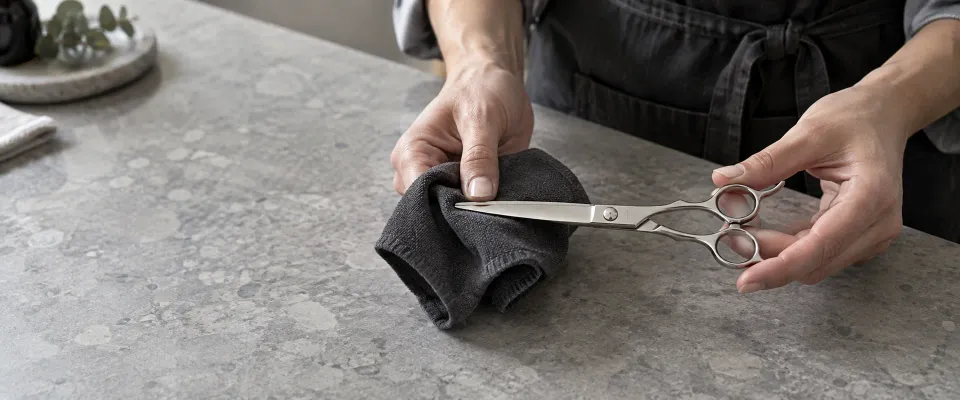 Hands supporting a closed steel hair shear over a soft cloth for a visual check.