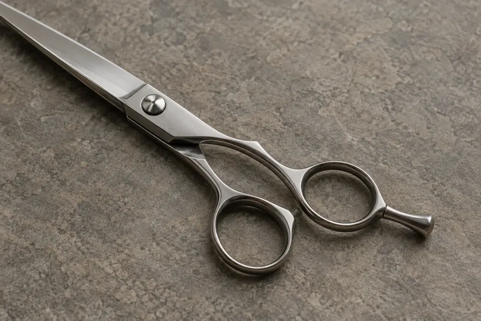 Close detail of a steel hair shear's pivot, finger rings and finger rest on stone.
