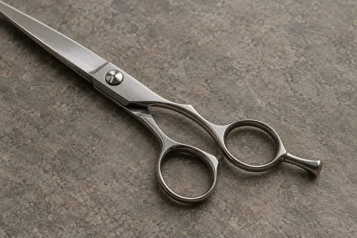 Close detail of a steel hair shear's pivot, finger rings and finger rest on stone.
