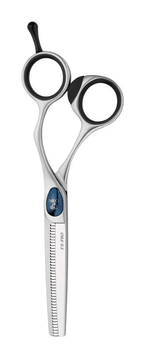 Complete closed Joewell FX-PRO model-family thinner showing its shaped offset handle, pivot and tooth line