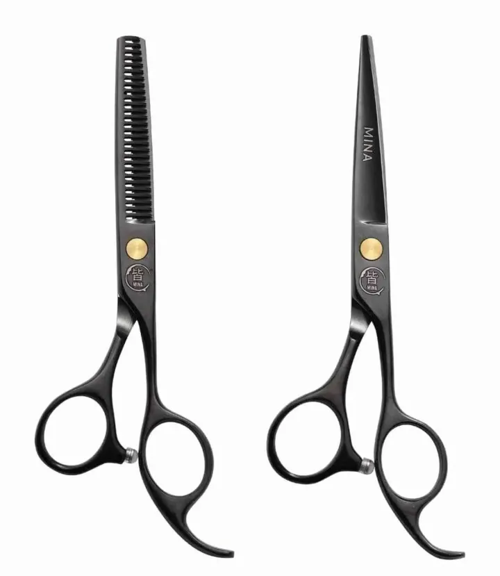 Mina Black Diamond cutting and thinning scissors with black handles and gold pivots.