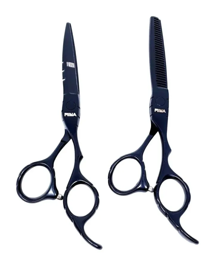 Mina Matte Black cutting and thinning scissors shown together on white.