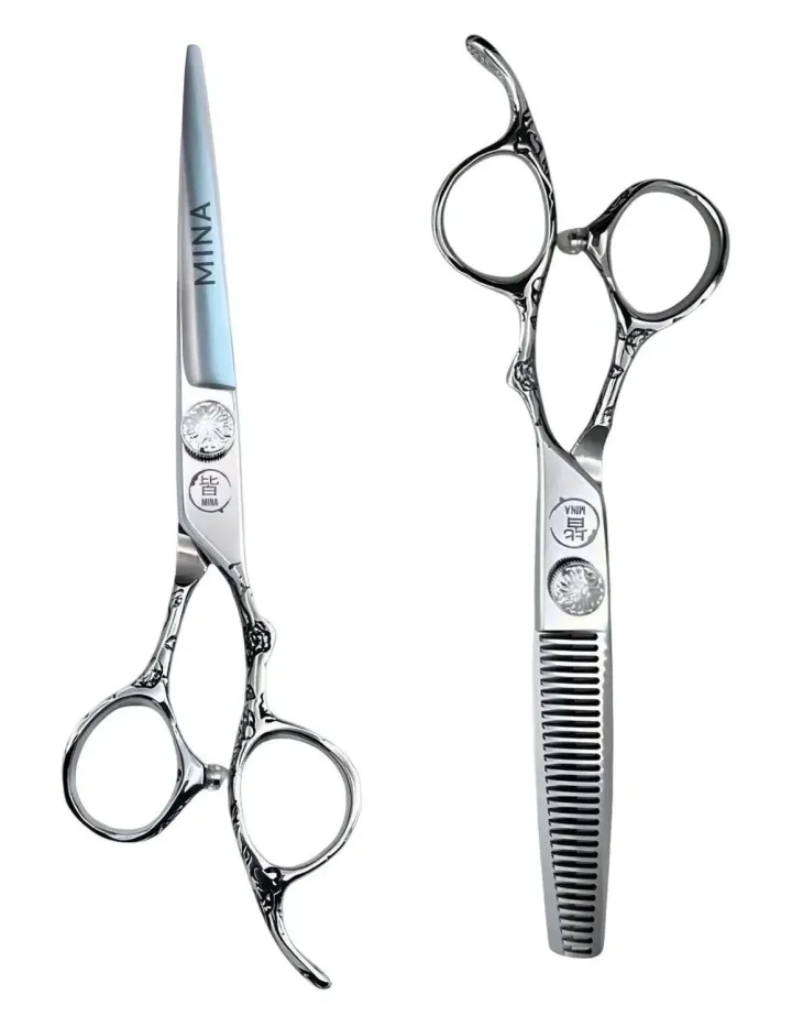 Mina Sakura II cutting and thinning scissors with engraved handles.