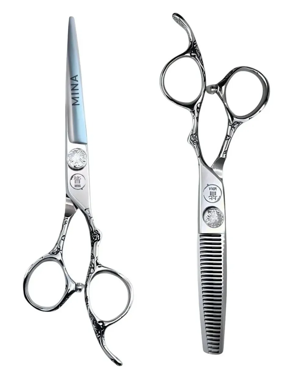 Complete Mina Sakura II cutting shear and toothed thinning shear with engraved handles