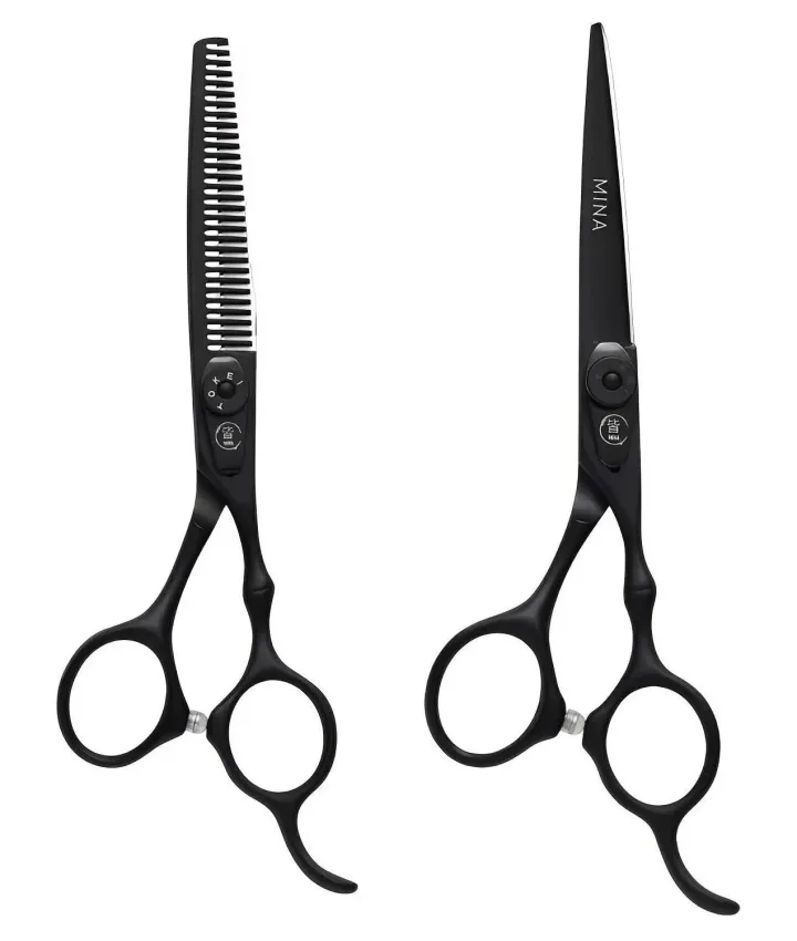 Mina Timeless matte-black cutter and thinner shown together on white.