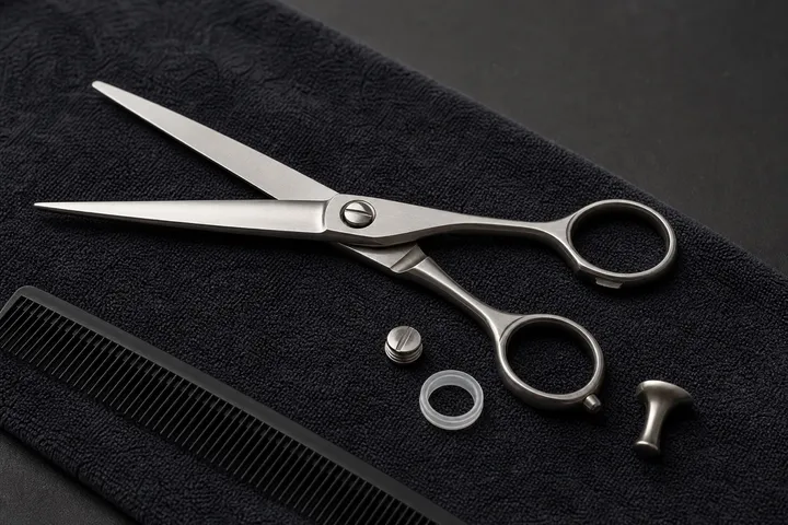 An open steel shear beside a finger insert, finger rest and pivot part on dark cloth.