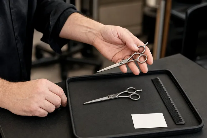 A hand holding a closed shear above a tray with another shear and a comb.