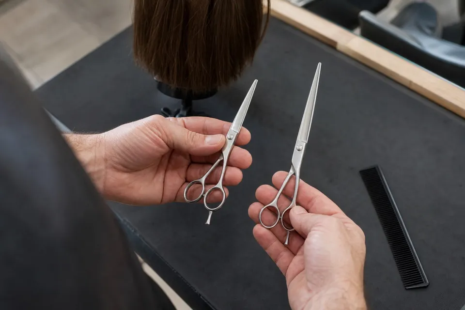 Hands comparing two complete closed generic cutters with different proportions above a workstation