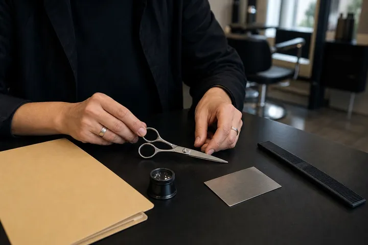 Hands inspecting a closed shear beside a loupe, notebook and comb.