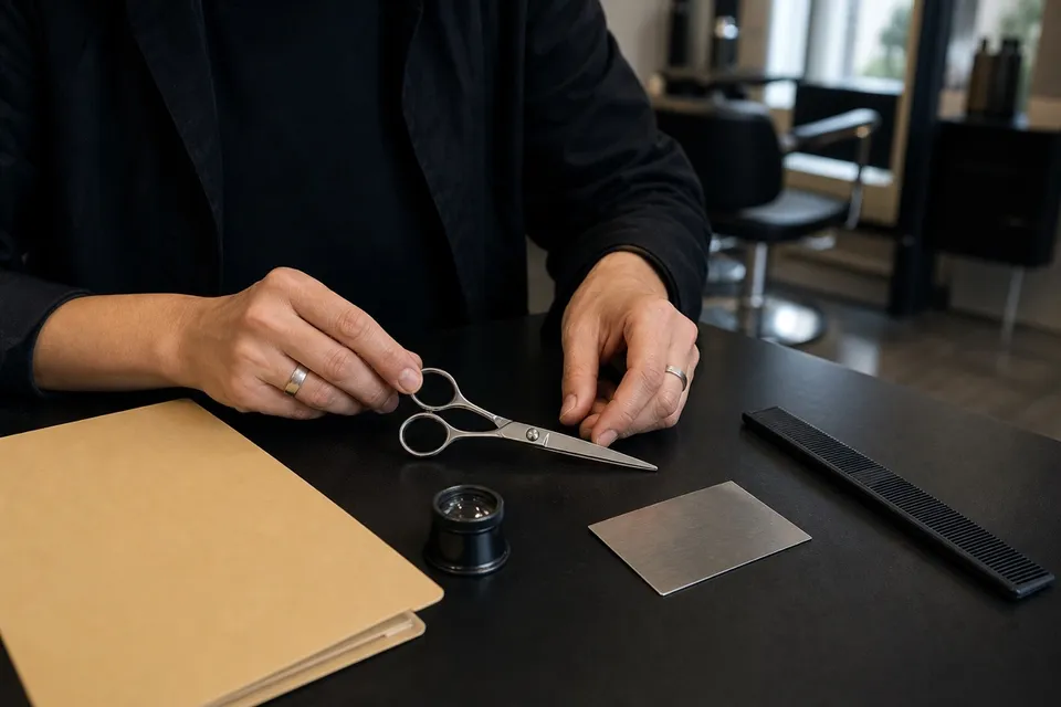 Hands inspecting a closed shear beside a loupe, notebook and comb.
