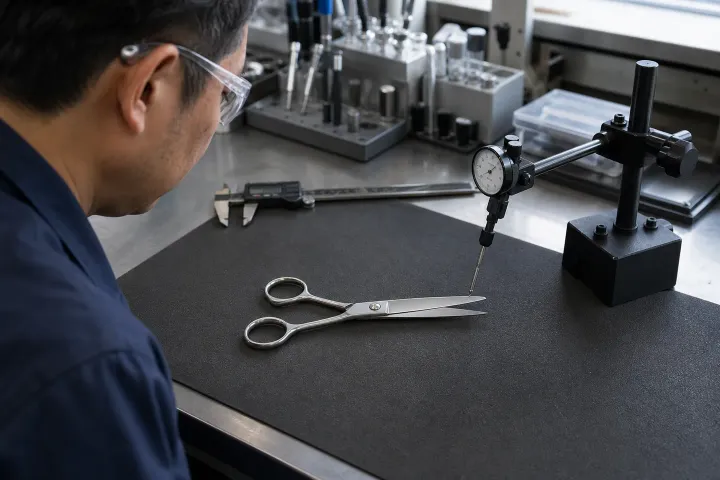A contemporary precision workshop scene in Japan with a technician inspecting generic hair shears beside clean machining and measurement equipment.