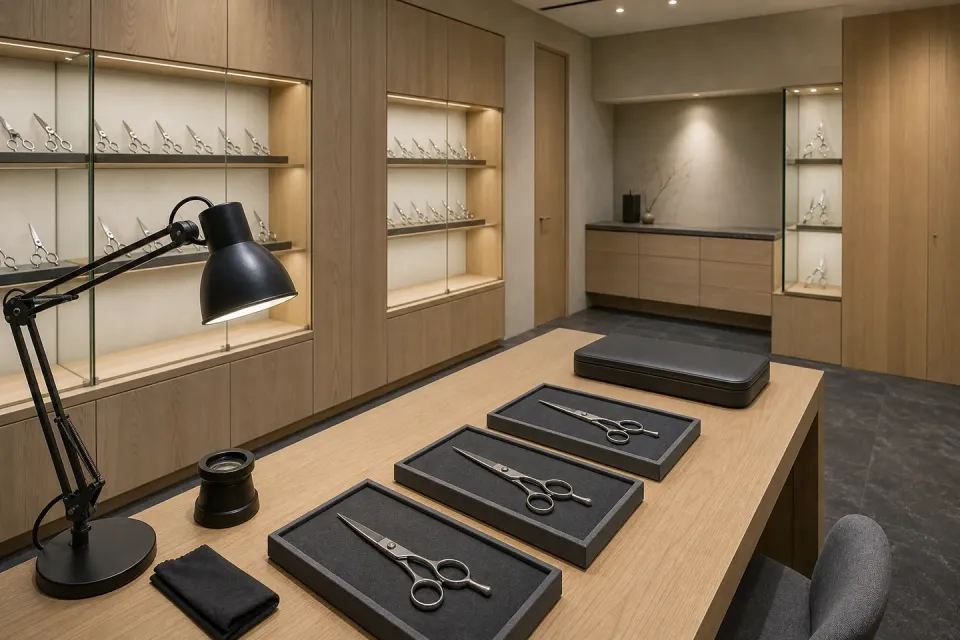 A modern professional hair-shear showroom in Japan with generic shears arranged in secure display trays under restrained architectural lighting.