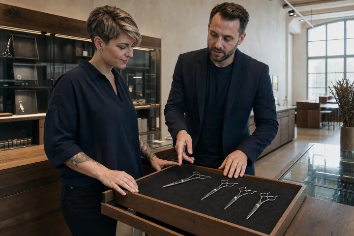 A contemporary professional hair-shear showroom in Germany with generic tools displayed in orderly trays of wood and brushed metal.