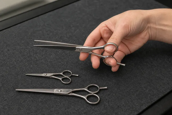 A hand holding a shear above two comparison shears