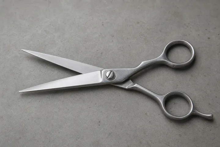 Complete open steel hair shear on a grey surface