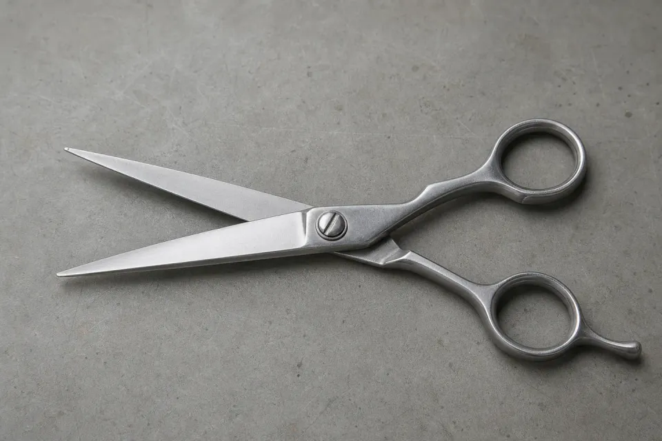 Complete open steel hair shear on a grey surface