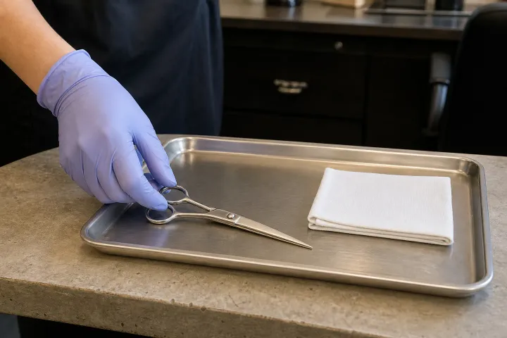 A gloved salon professional places a clean closed generic hair shear on a dry tray beside a fresh lint-free cloth.