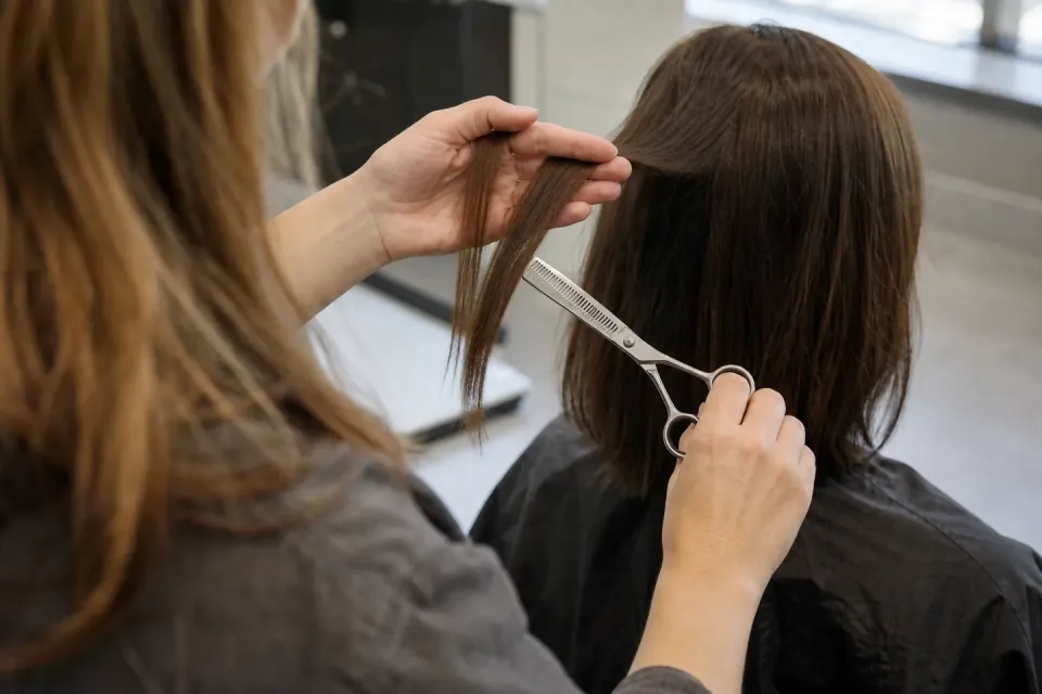 A stylist positions a generic thinning shear at the mid-length of a cleanly sectioned medium-to-dense hair section, away from the scalp.