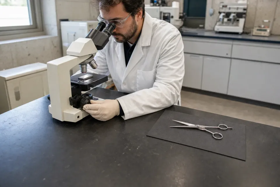 A materials technician examines an unmarked steel coupon through an optical microscope while a complete generic hair shear rests separately on a mat.