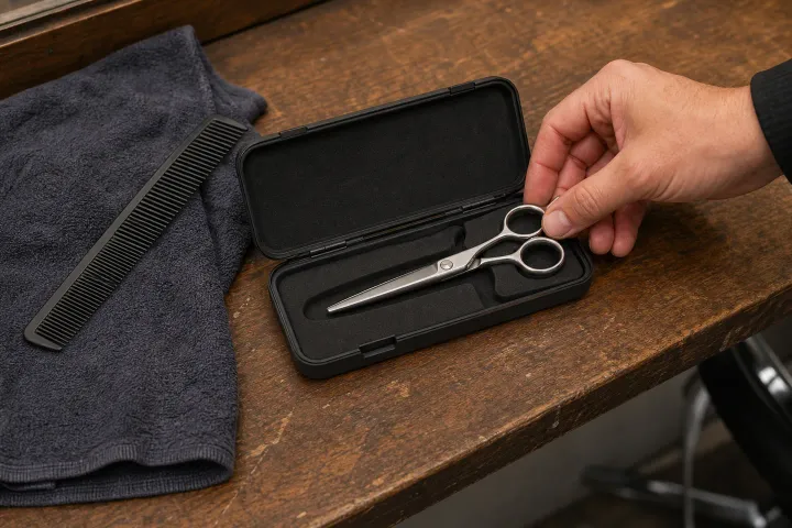 A shear being placed in a protective case