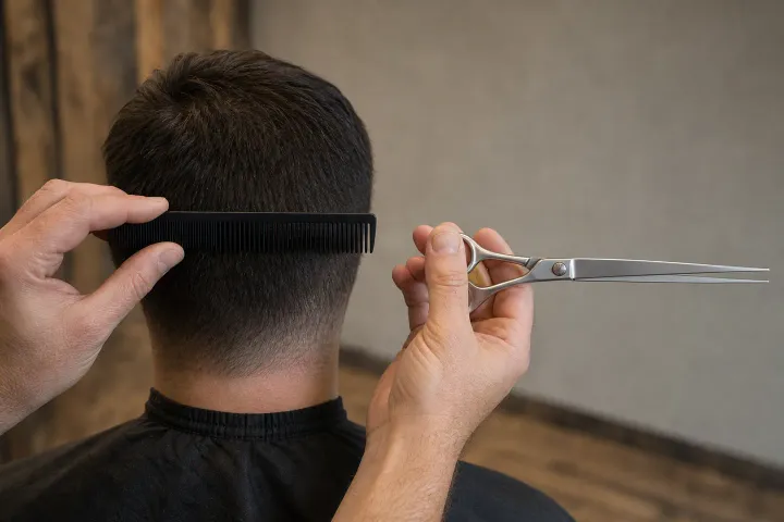 A barber positioning a shear over a comb against a short haircut