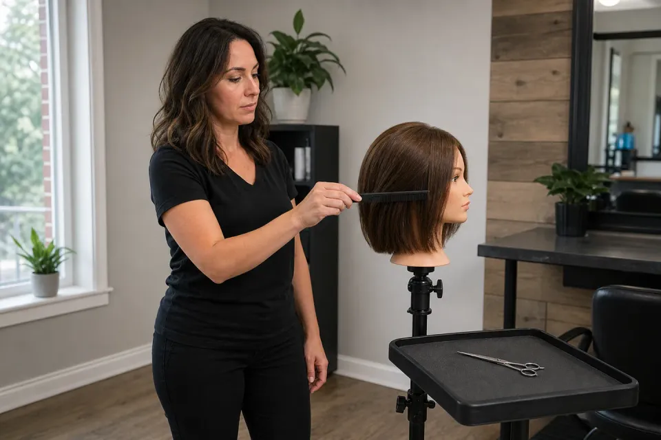 A stylist combs a secured mannequin with relaxed shoulders, a low elbow and an aligned wrist while a fully closed generic shear rests on a separate trolley.