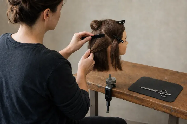 An adult student practising a haircut on a training mannequin