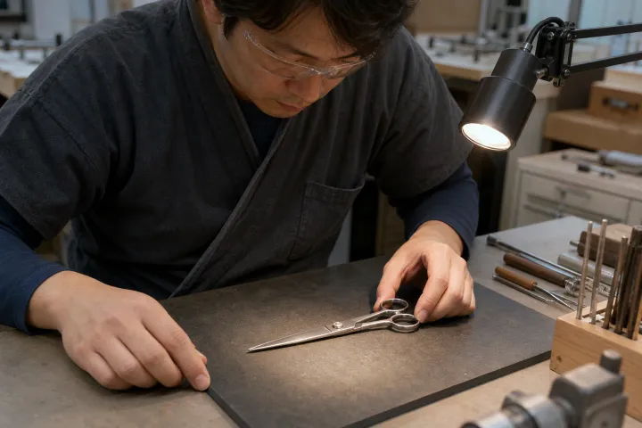 A technician at a clean fictional Japan-context workshop visually inspects a complete closed generic hair shear beneath a task light.
