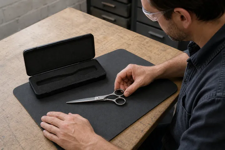 A technician in a fictional United States-context workshop visually checks a closed generic hair shear beside an open unbranded protective case.