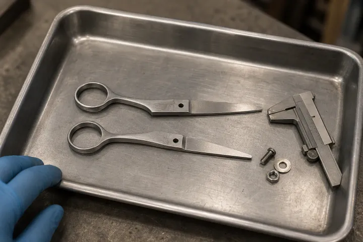 Unassembled shear blades, pivot parts and a measuring tool in a tray
