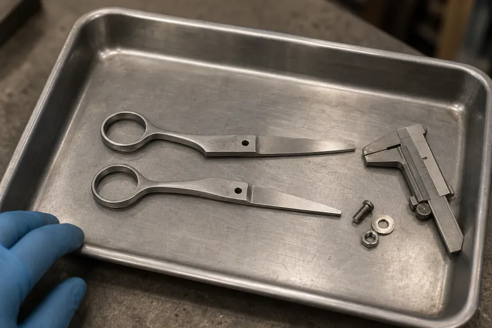 Unassembled shear blades, pivot parts and a measuring tool in a tray