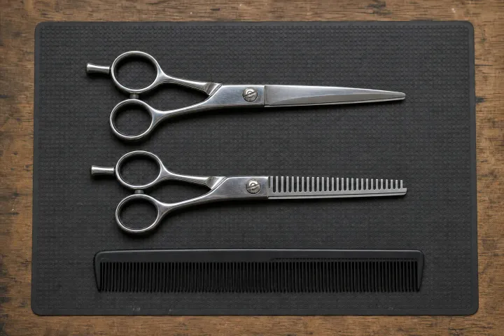 Cutting shear, toothed thinning shear and comb arranged on a mat