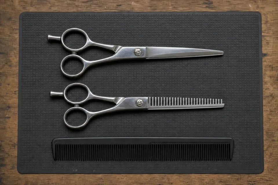 Cutting shear, toothed thinning shear and comb arranged on a mat